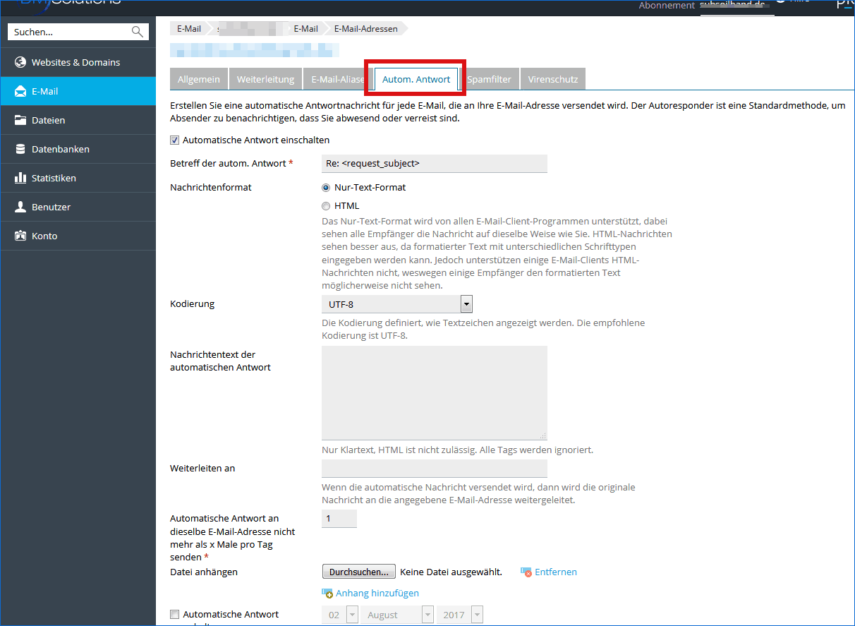 Einrichten des Plesk Autoresponders